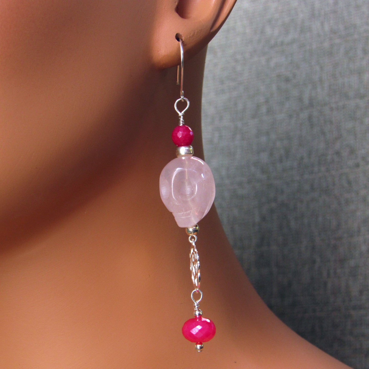 Rose Quartz Gemstone Skulls, Pink Jade, Pink chalcedony with Sterling Silver Rose Drop Earrings
