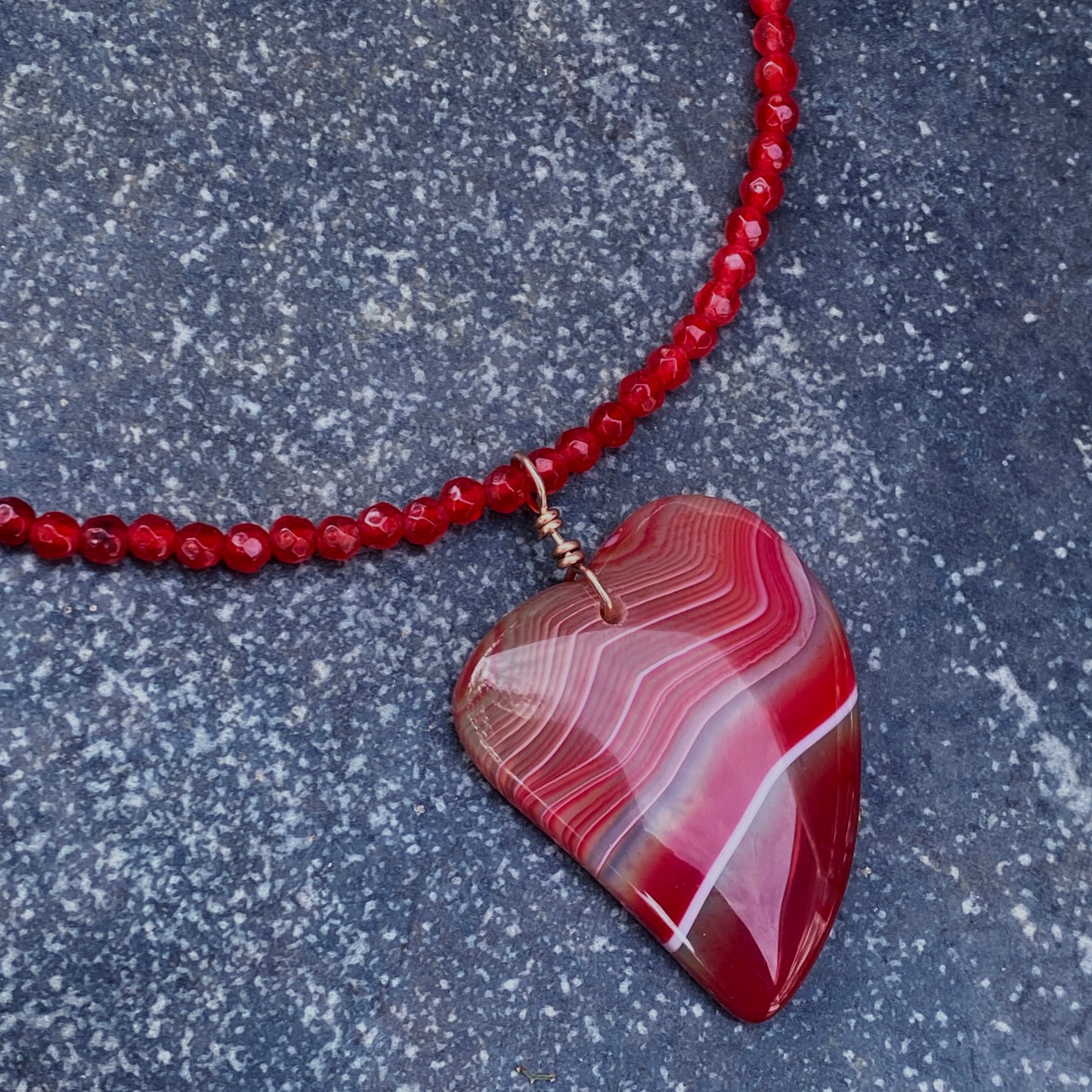 Red Banded Agate Heart Pendant on Beaded Red Agate Necklace with 14 Kt Rose GF Hand Wrap