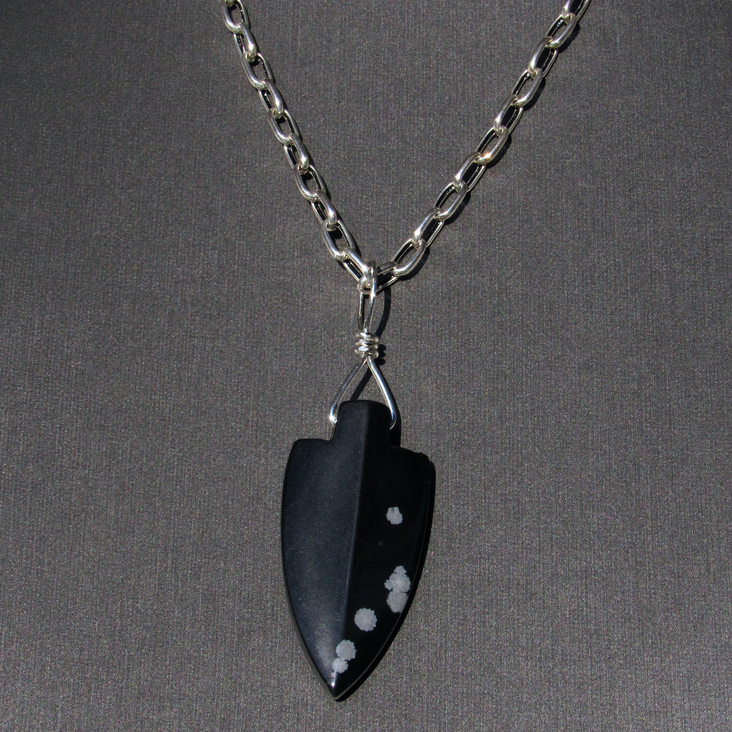 Snowflake Obsidian gemstone Arrowhead on silver chain Necklace