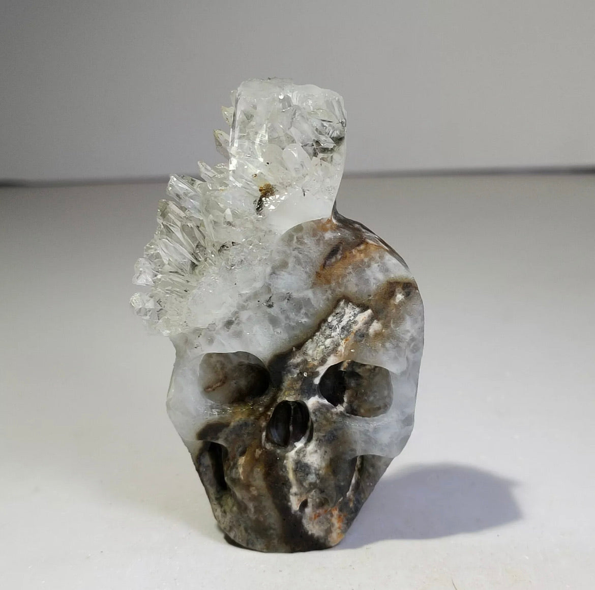 Natural crystal, quartz cluster, mineral specimen, hand carved, skull