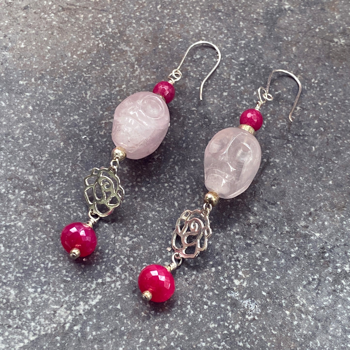 Rose Quartz Gemstone Skulls, Pink Jade, Pink chalcedony with Sterling Silver Rose Drop Earrings
