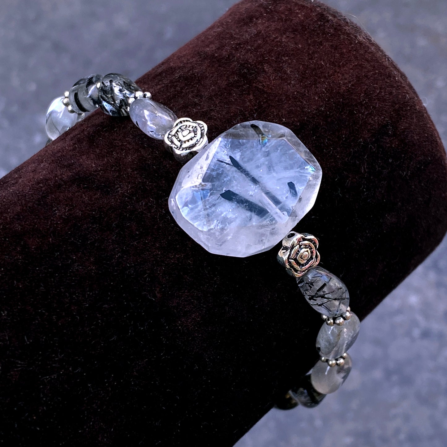 Tourmalated Quartz Gemstone And Sterling Silver Stretch Bracelet