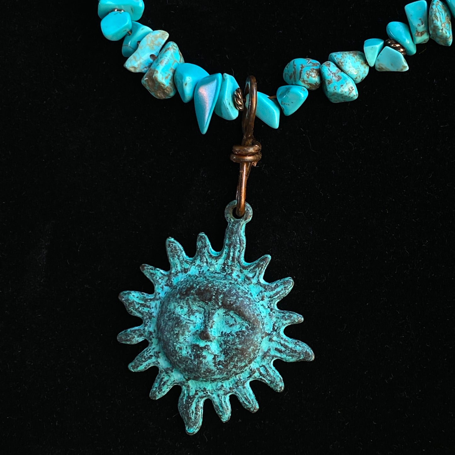 Natural Turquoise gemstone and copper Sun pendant beaded necklace