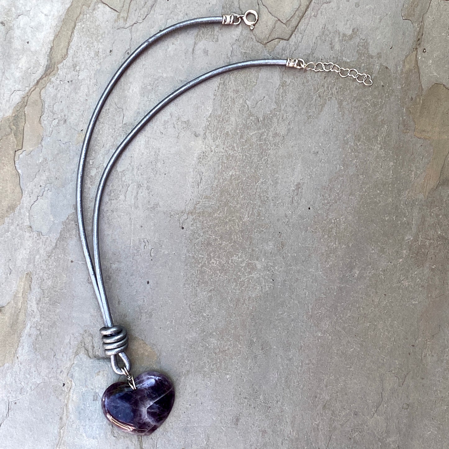 Amethyst gemstone Heart on Leather w/ Sterling Silver Clasp