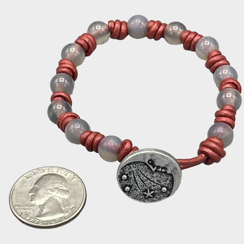Gray agate and Moon Leather Bracelet