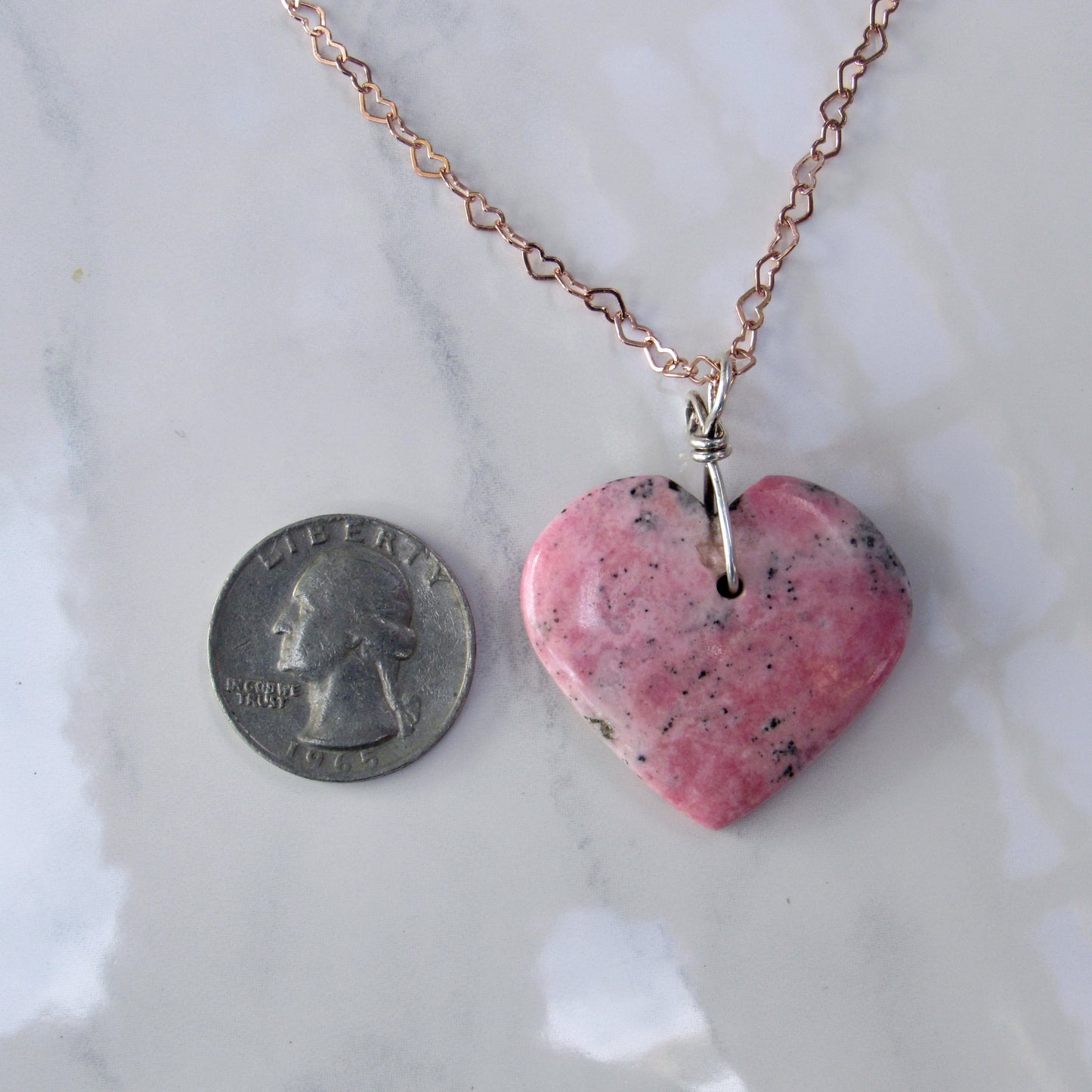 Rhodonite Heart w/ Hand Wrapped Sterling Silver, Rose Gold Fill over Sterling Silver Heart Chain