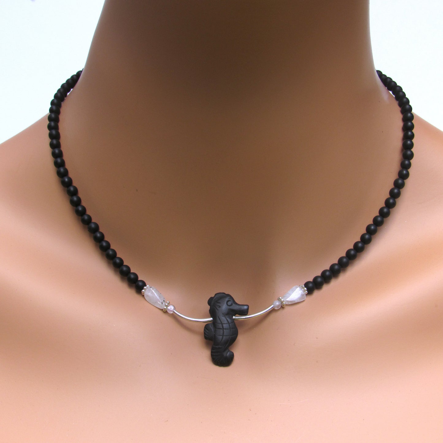 Onyx gemstone Seahorse, Onyx Beads, Moonstones, and Sterling Silver Necklace