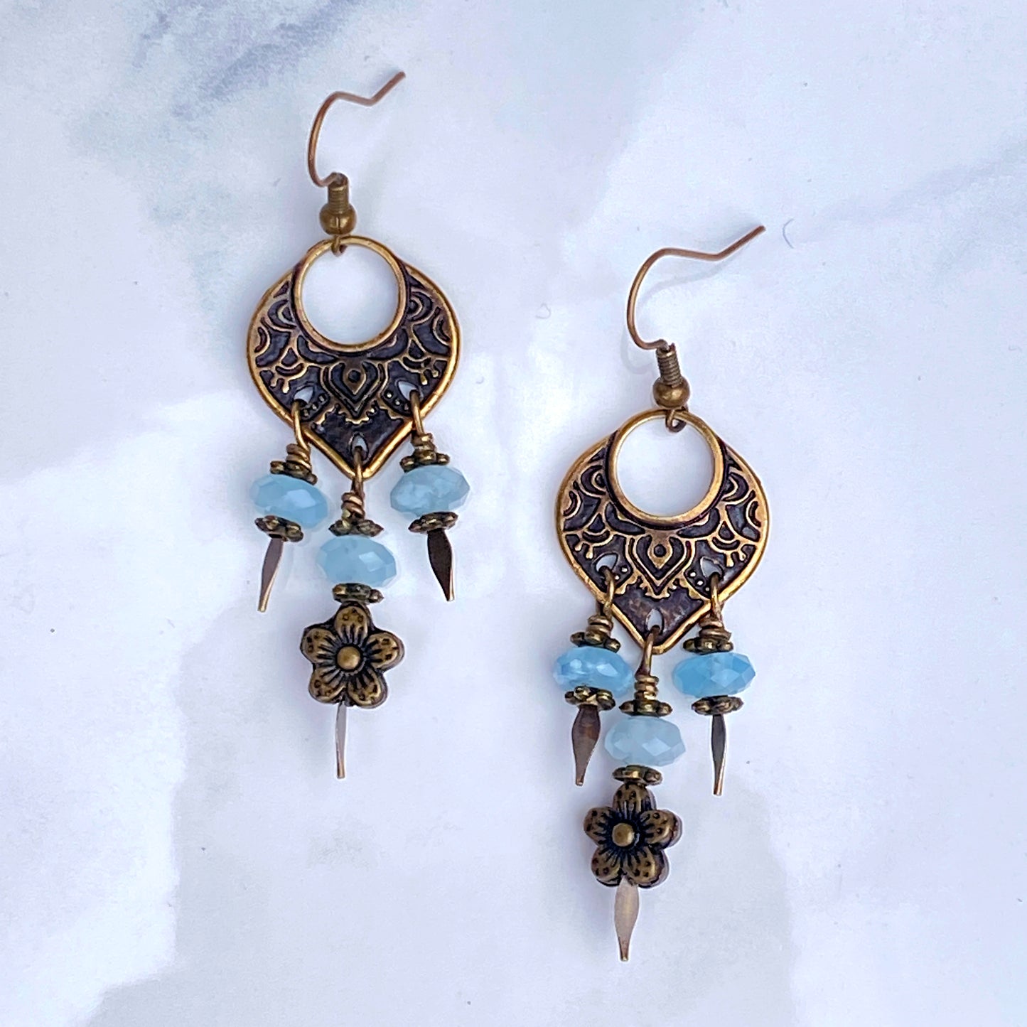 Aquamarine gemstone and brassChandelier Earrings