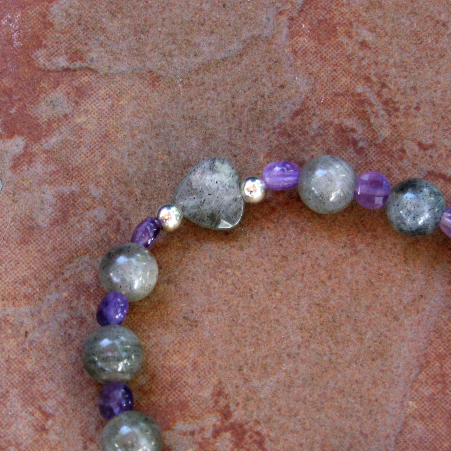 Amethyst Gemstones and Labradorite Heart, Clear Quartz, Stretch Bracelet w/ Sterling Silver