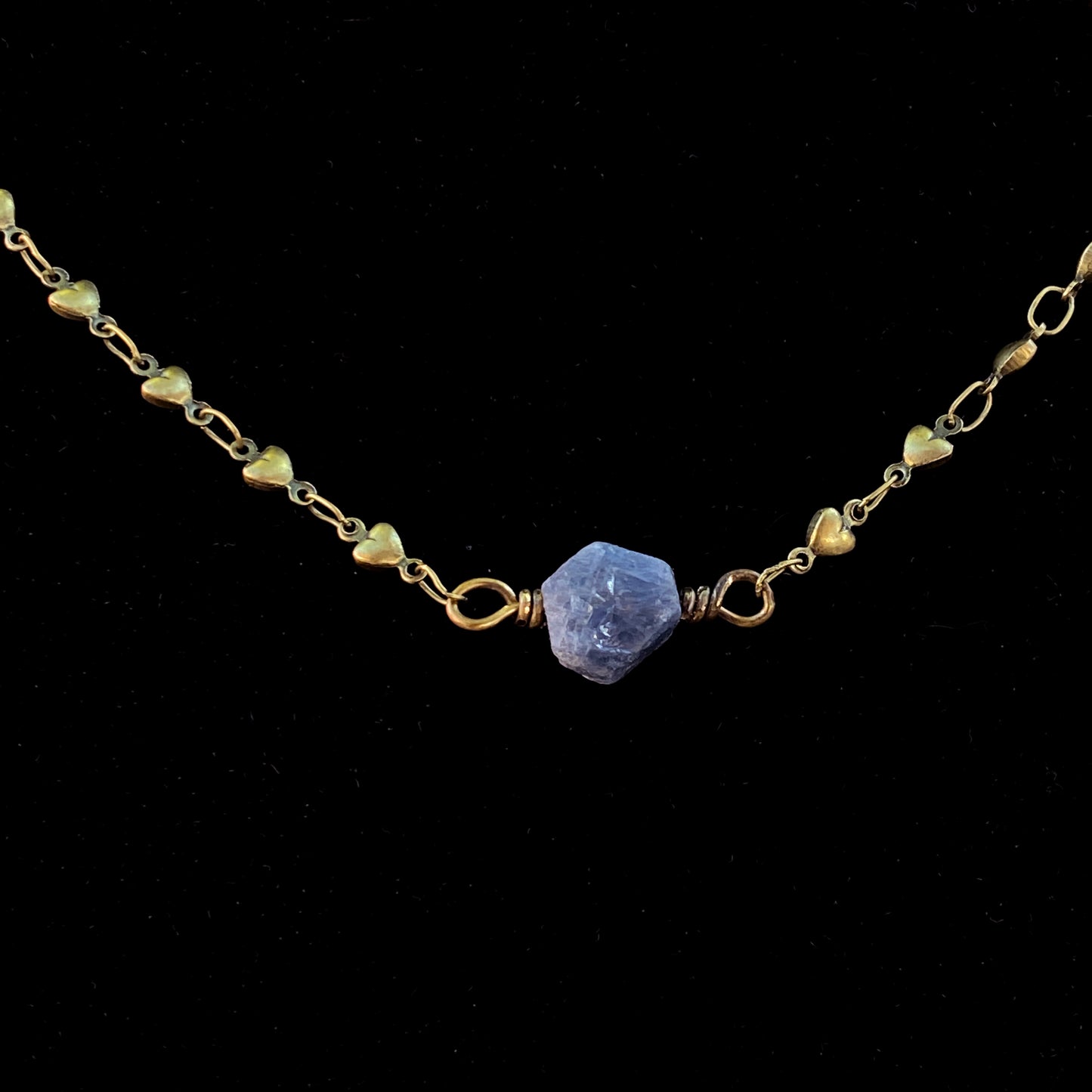 Raw Blue Sapphire gemstone on Brass Heart Chain Necklace