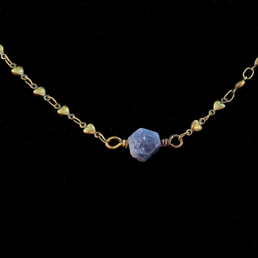 Raw Blue Sapphire gemstone on Brass Heart Chain Necklace