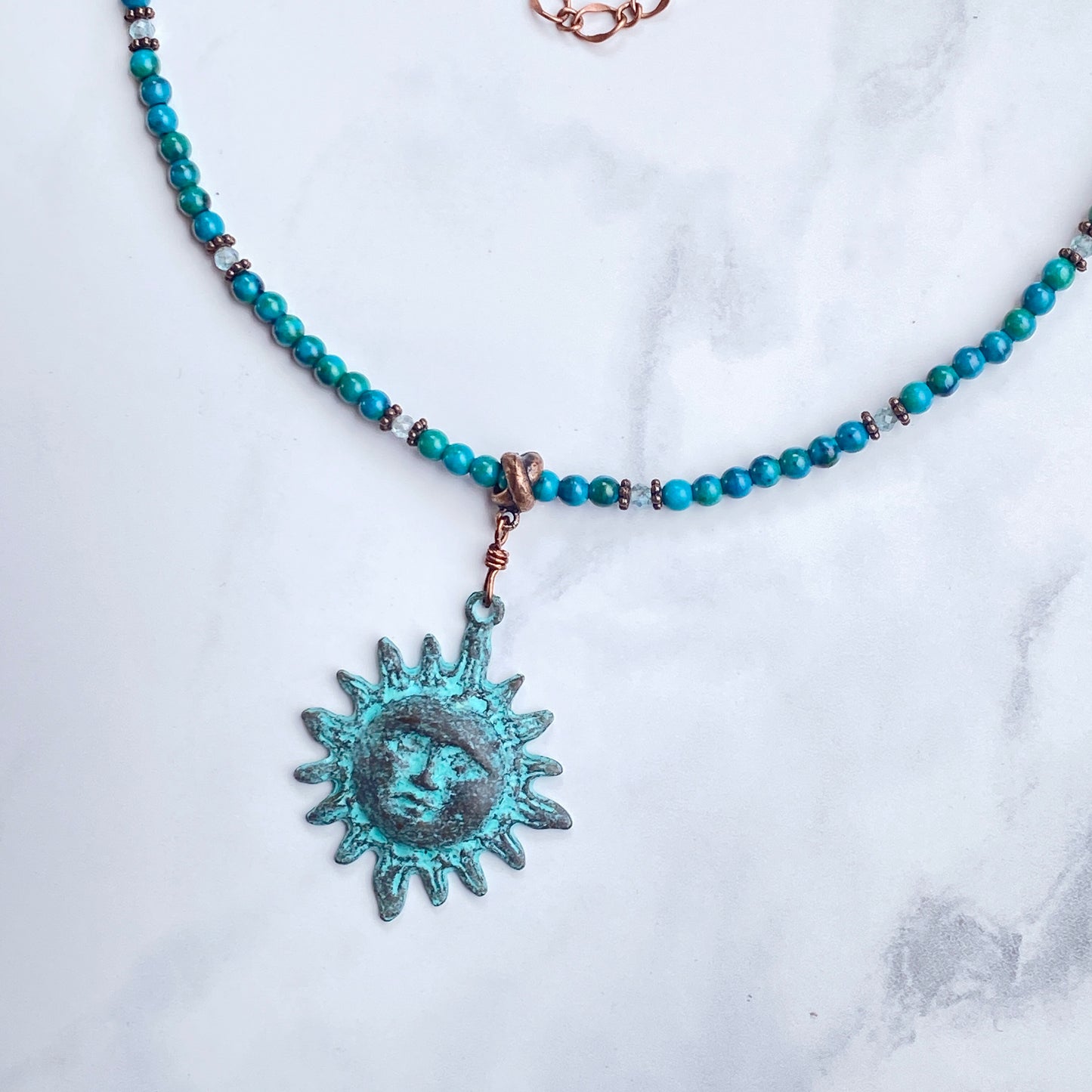 Natural Turquoise gemstone and copper Sun pendant beaded necklace