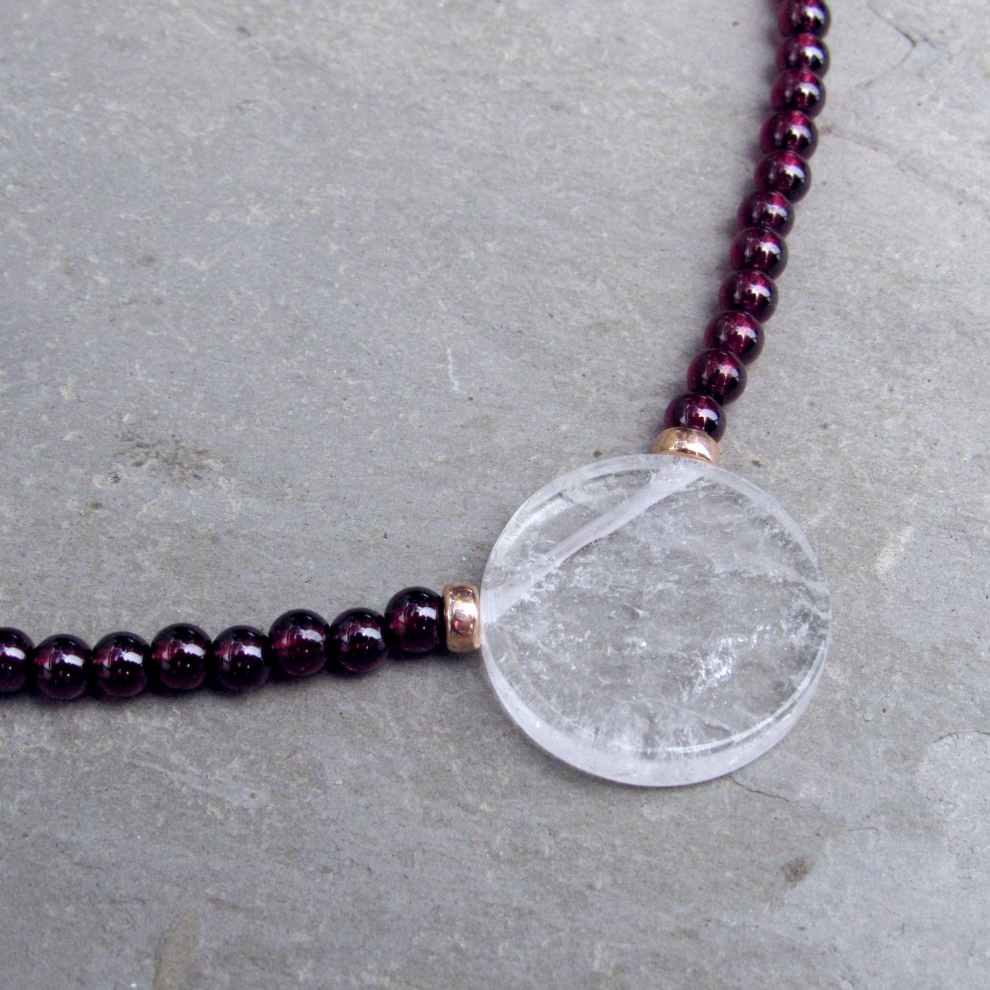 Garnet gemstone Clear Quartz pendant with 14 kt Rose gf Necklace