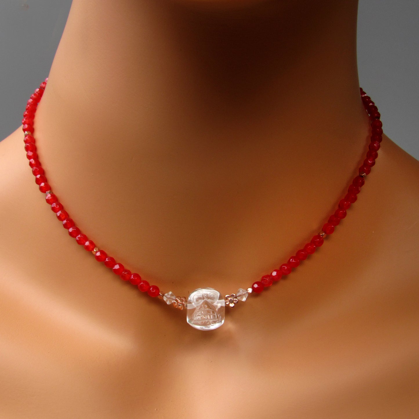Red agate gemstones, Clear Quartz, 18 kt Rose gold vermeil over sterling silver flowers beaded choker
