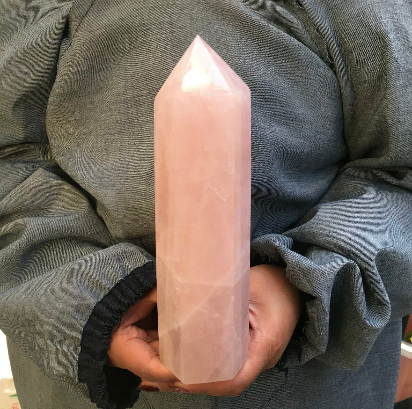 Natural pink rose quartz gemstone crystal tower point obelisk