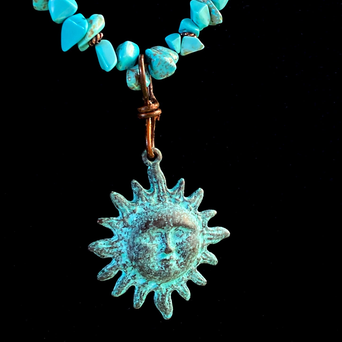 Natural Turquoise gemstone and copper Sun pendant beaded necklace