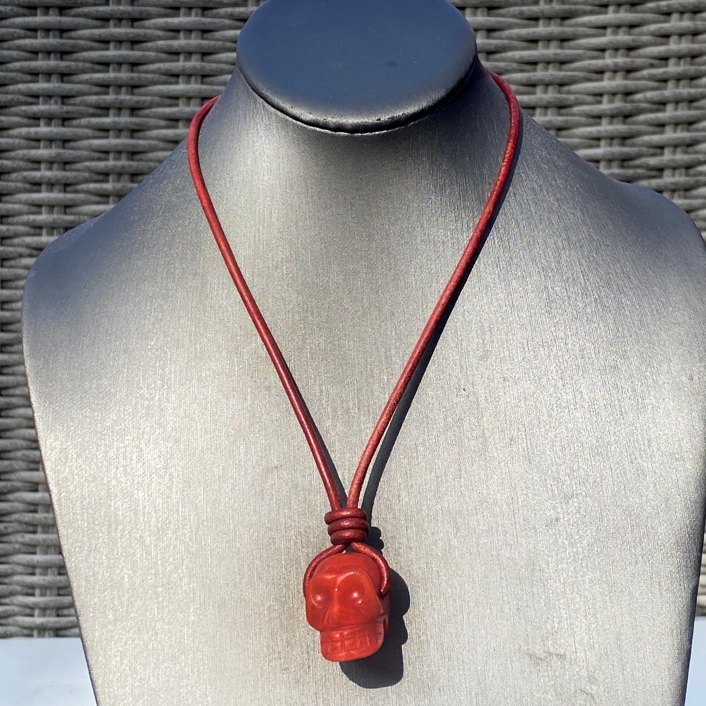 Cherry Quartz gemstone Skull leather Necklace