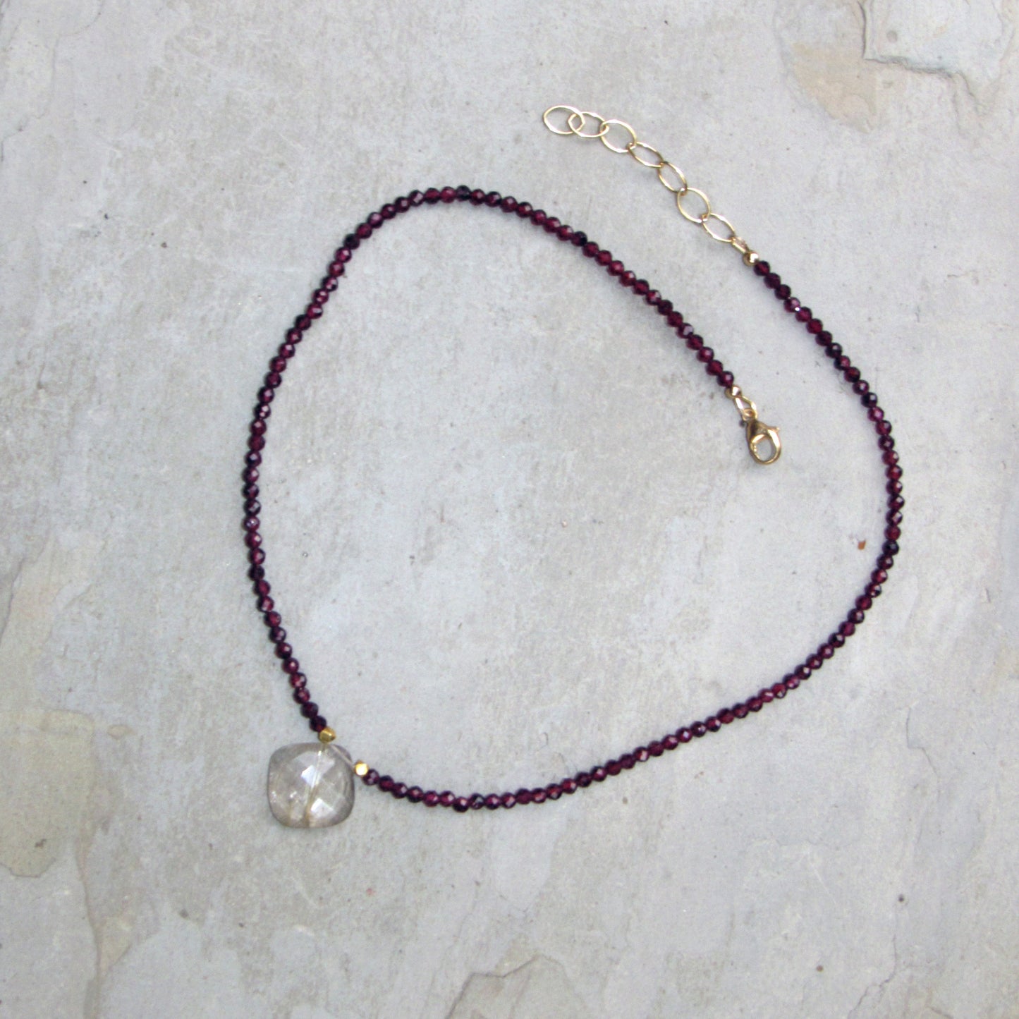 Rutilated Gold Gemstone w/ 14 Kt, and Garnet Gemstone Necklace