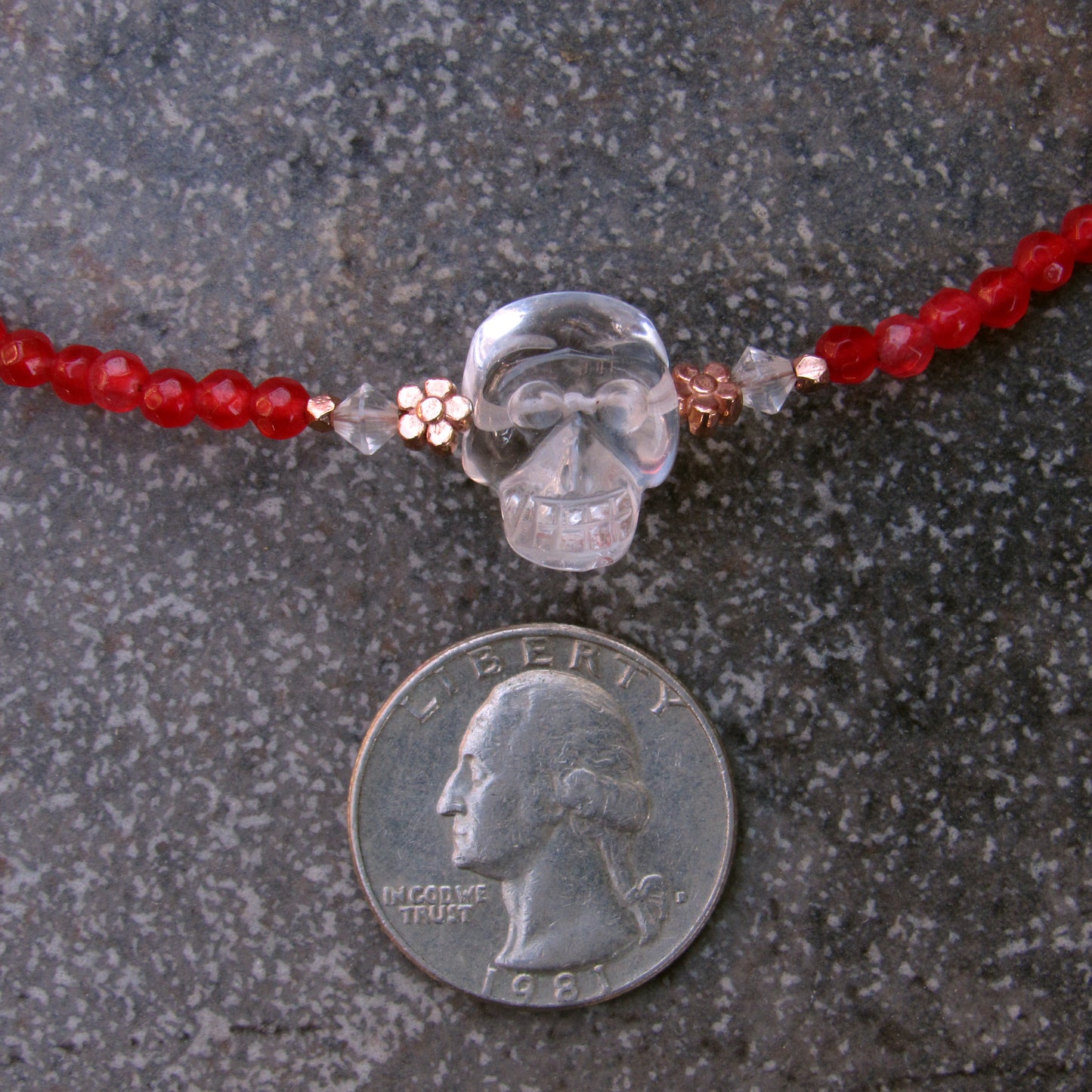 Red agate gemstones, Clear Quartz, 18 kt Rose gold vermeil over sterling silver flowers beaded choker