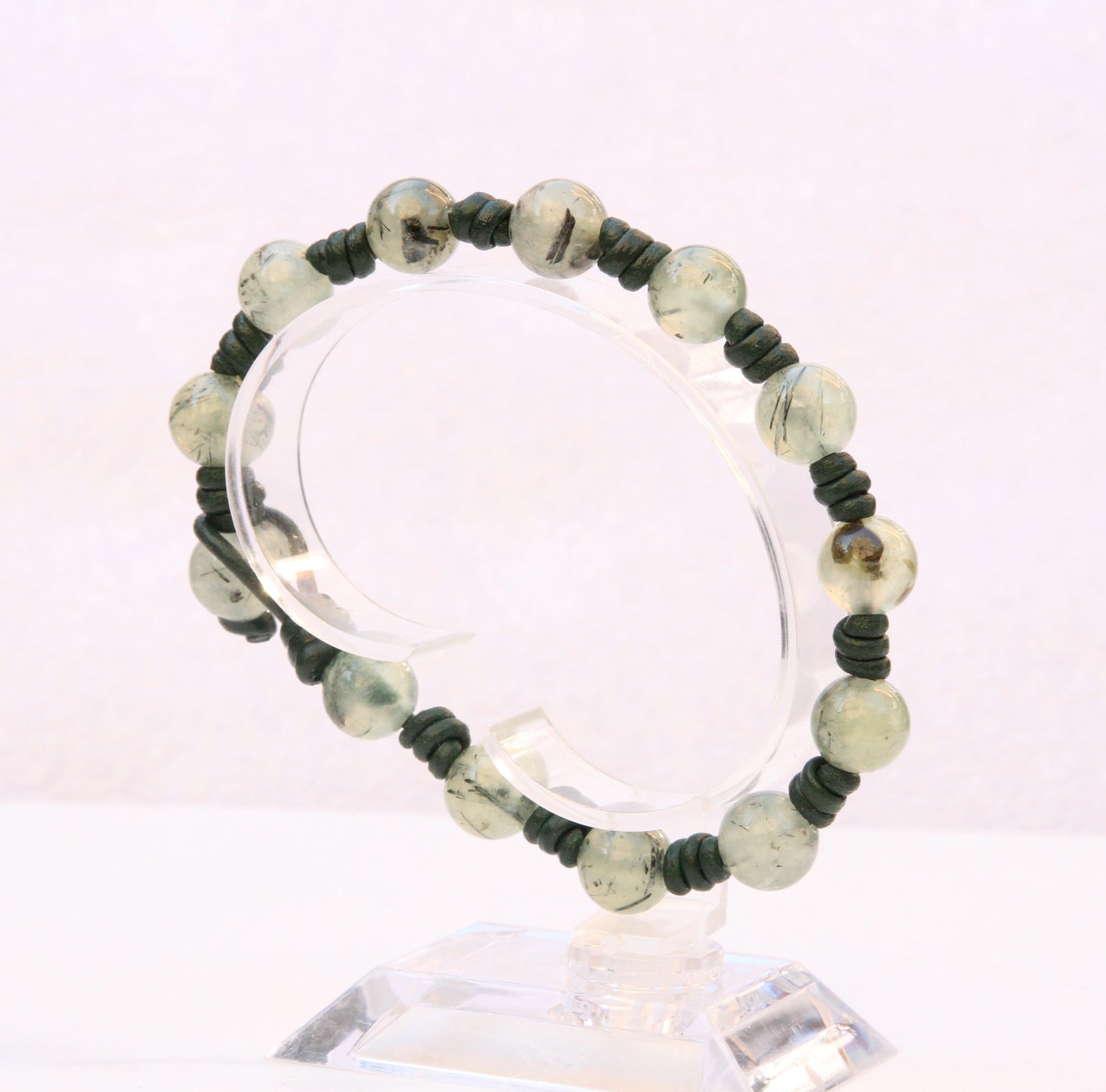 Natural Prehnite gemstone on genuine Leather Hand Knotted green gemstone beaded bracelet