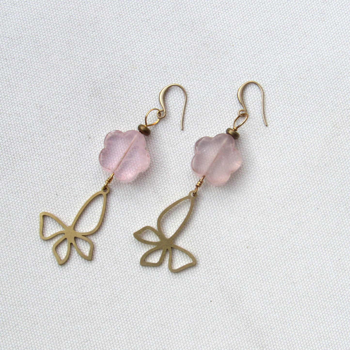 Rose Quartz gemstone Flowered Brass Butterfly Drop Earrings