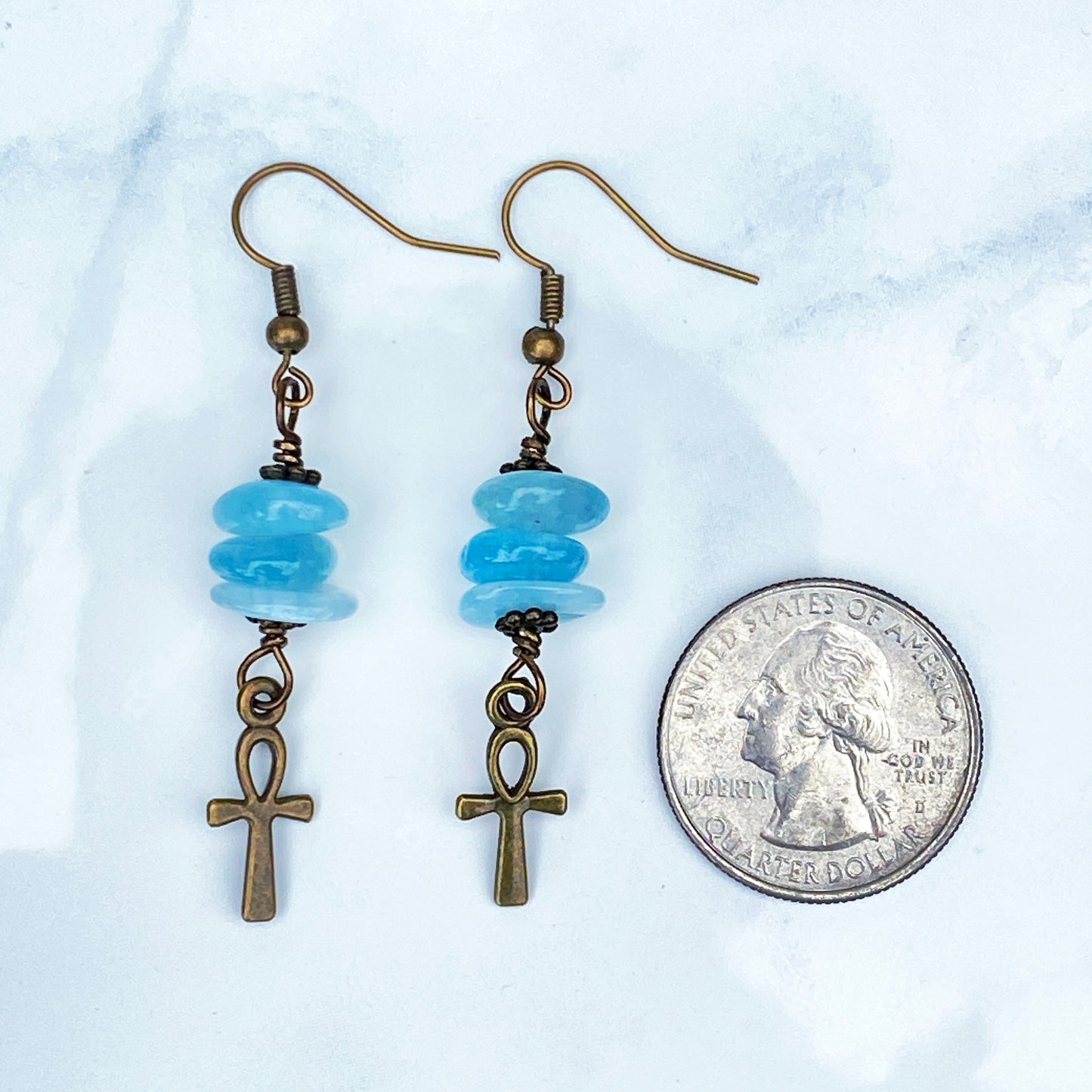 Aquamarine gemstone with brass Ankh Earrings