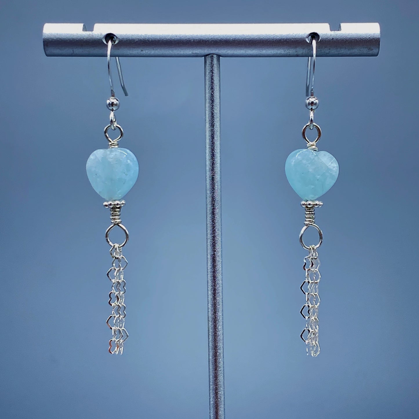 Aquamarine Gemstone Hearts and Sterling Silver Heart Chain Drop Earrings