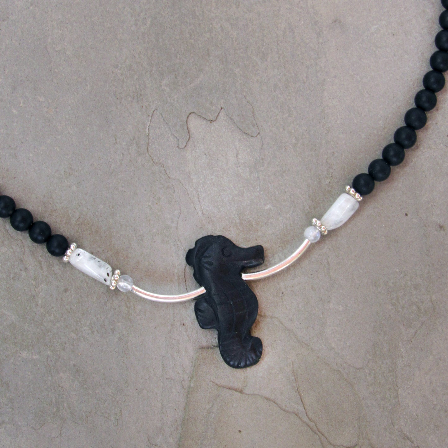 Onyx gemstone Seahorse, Onyx Beads, Moonstones, and Sterling Silver Necklace