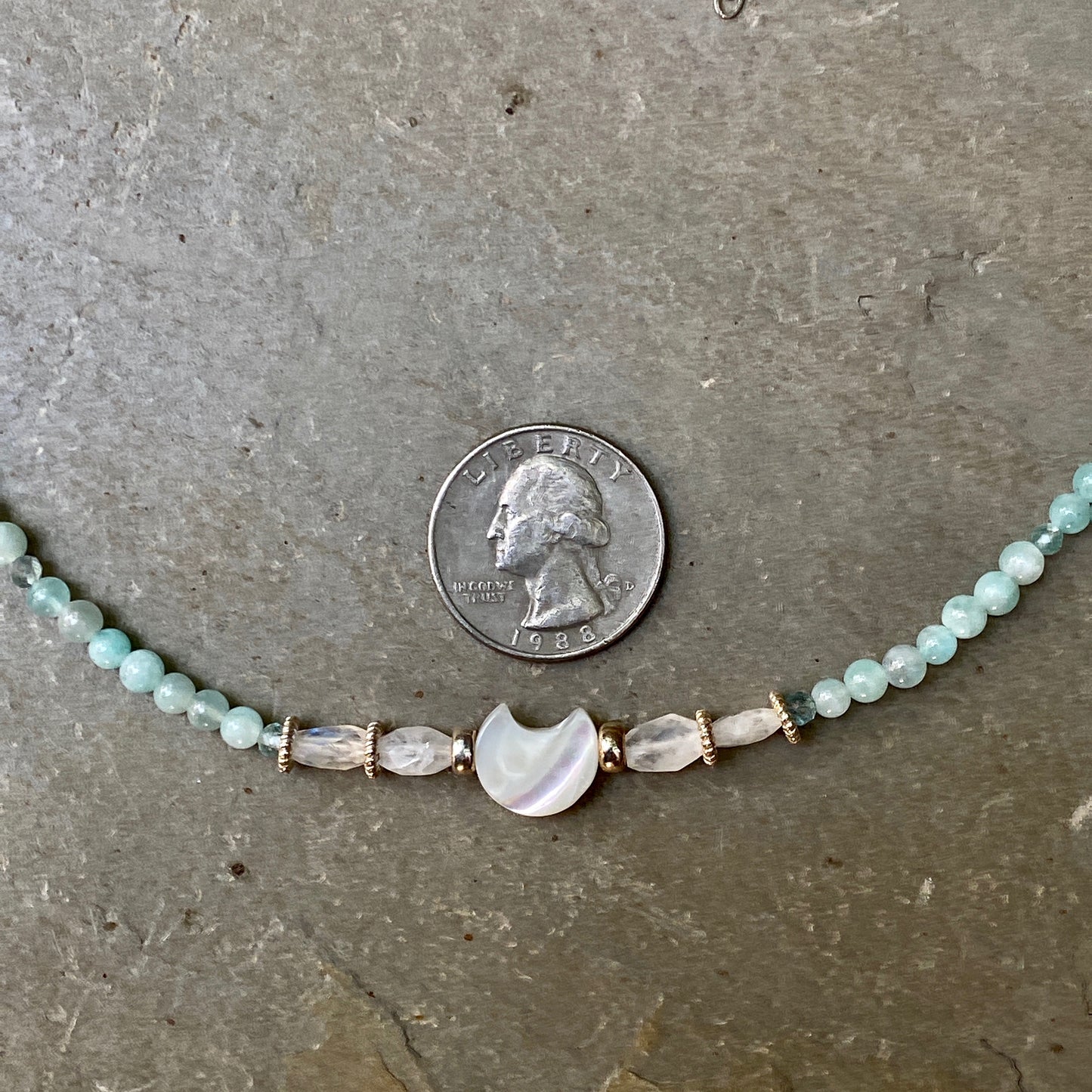 Mother of pearl moon with amazonite, moonstones, and apatite sterling silver Choker