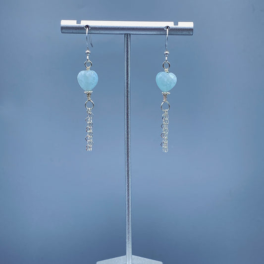 Aquamarine Gemstone Hearts and Sterling Silver Heart Chain Drop Earrings