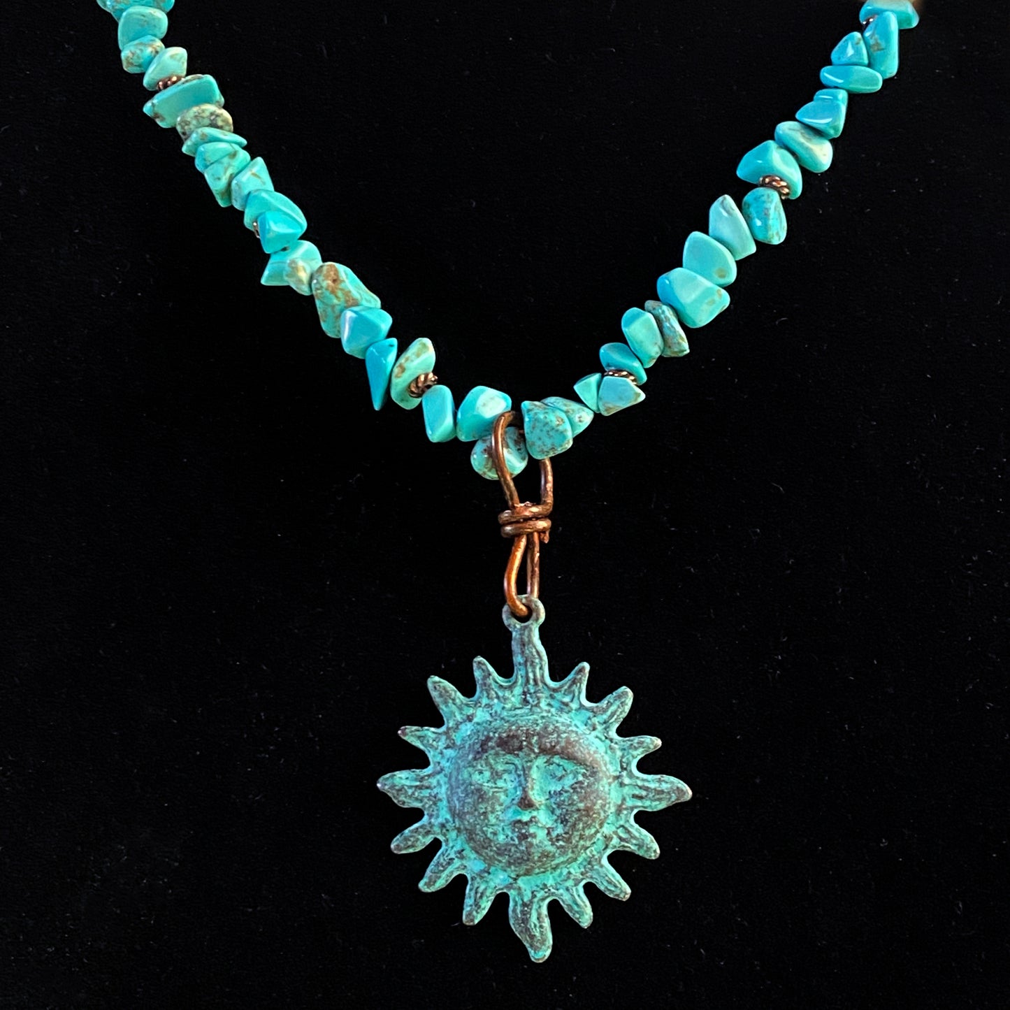 Natural Turquoise gemstone and copper Sun pendant beaded necklace