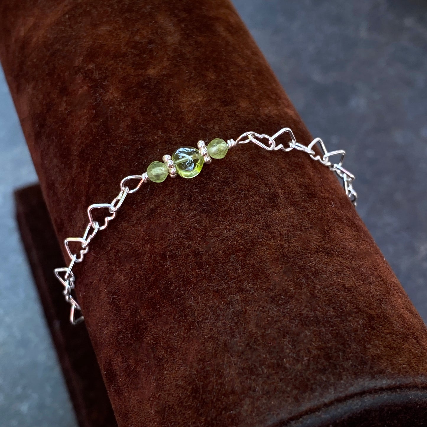Peridot gemstone heart and silver heart chain bracelet with clasp