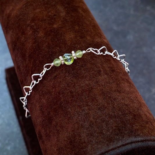 Peridot gemstone heart and silver heart chain bracelet with clasp