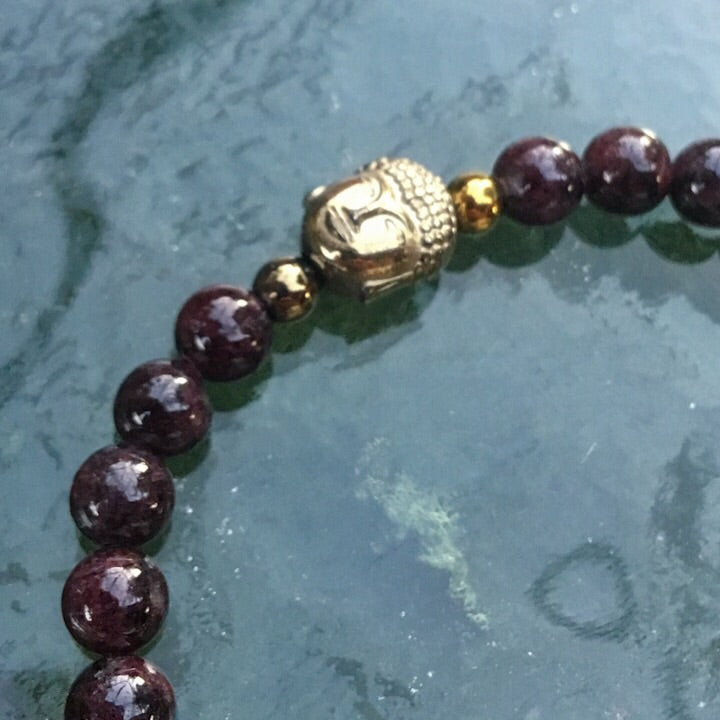 Garnet Gemstone GODDESS and Hematite Buddha head Bracelet
