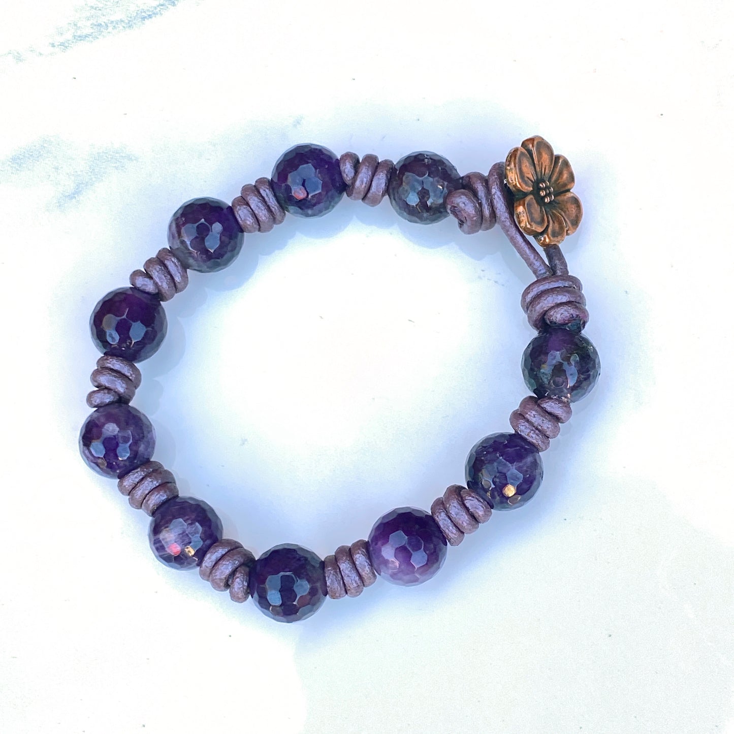Amethyst Gemstones genuine leather Bracelet and copper flower clasp