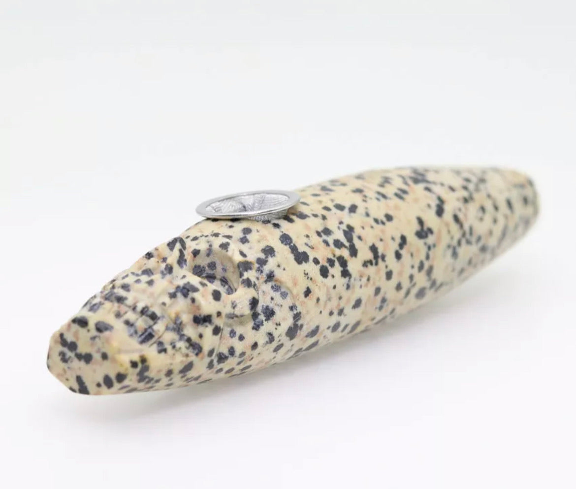 Dalmatian Jasper gemstone carved Skull pipe