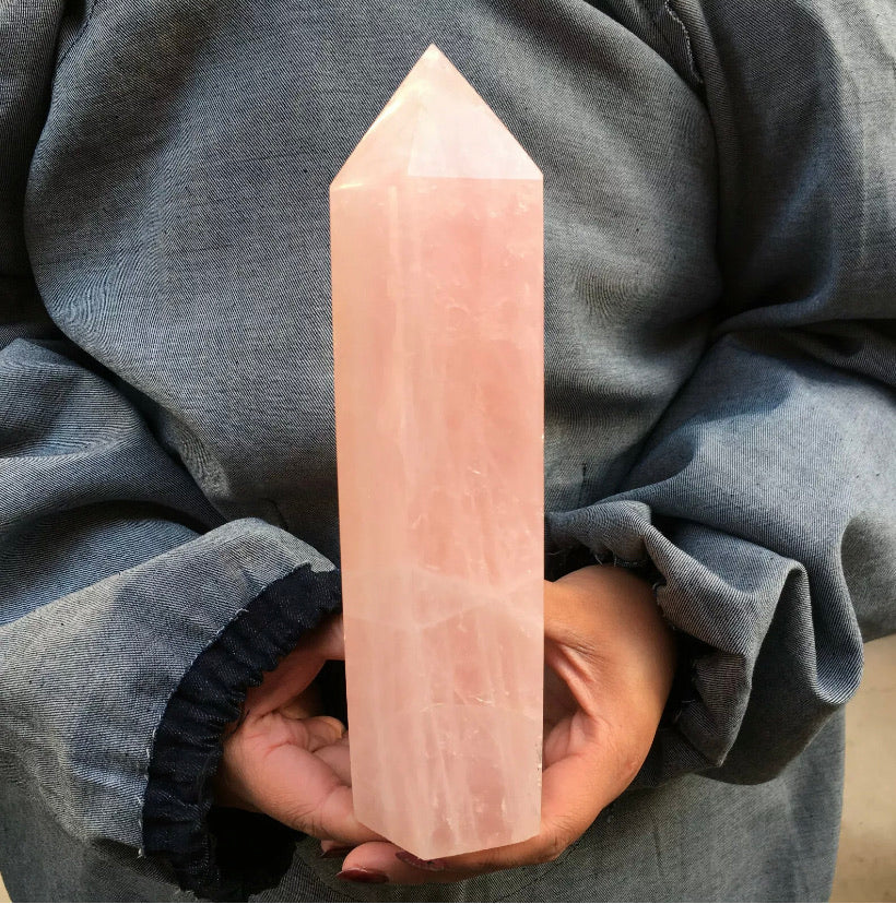 Natural pink rose quartz gemstone crystal tower point obelisk