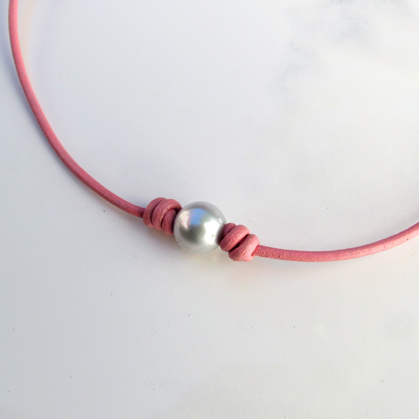 Freshwater Pearl Choker on Pink Leather with Sterling Silver Clasp