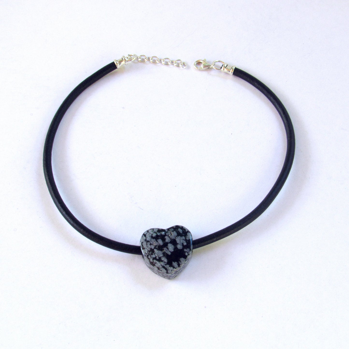 Snowflake Obsidian gemstone heart on Leather with Sterling Silver Clasp