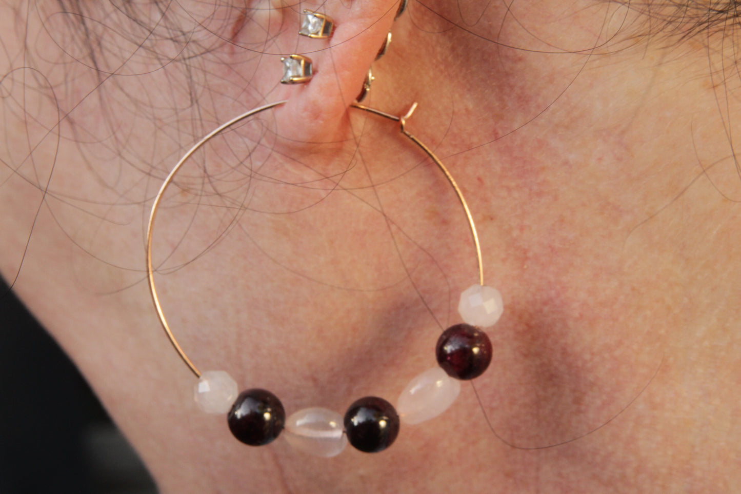 Rose gold filled hoops rose quartz and garnet gemstones