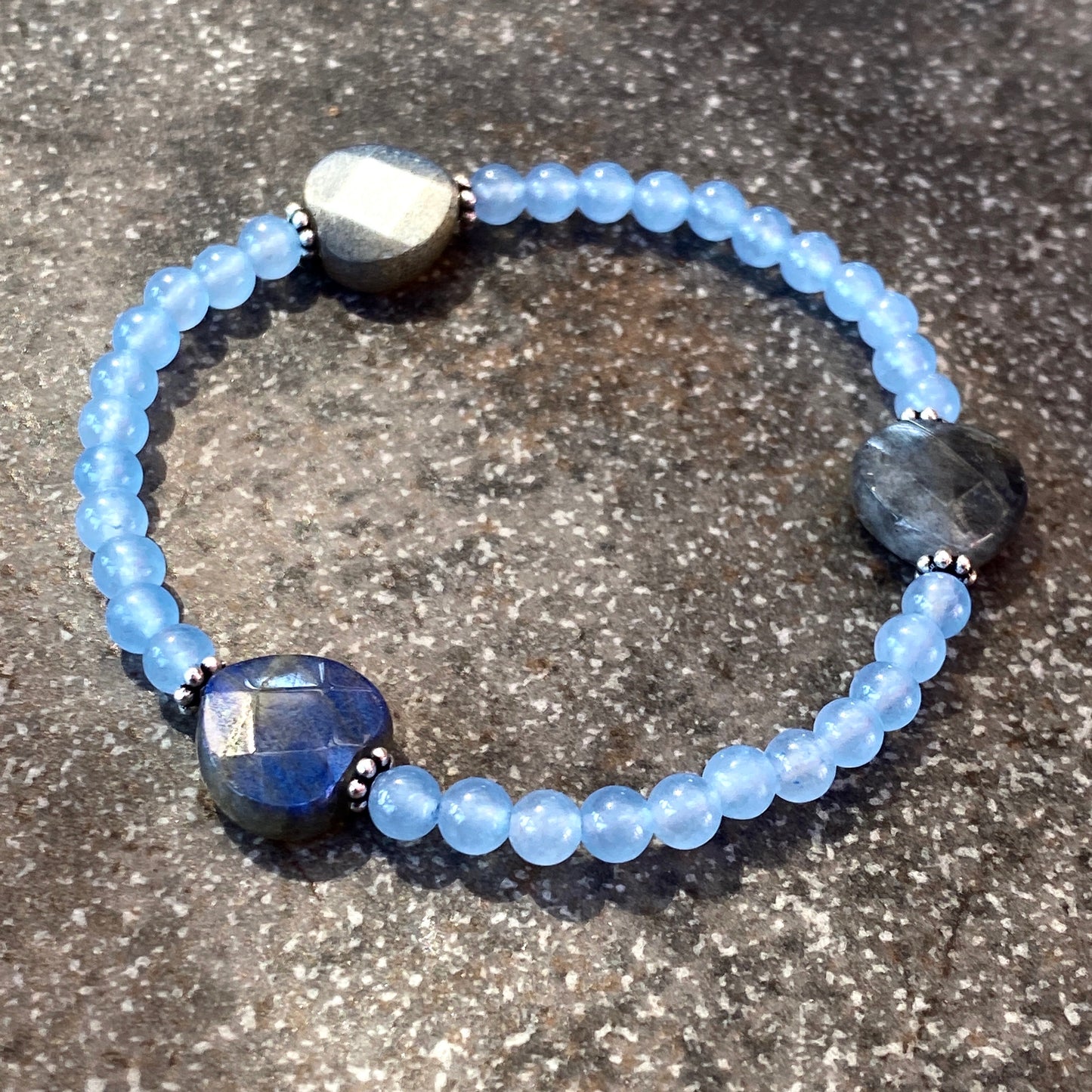 Women's Labradorite hearts, blue Chalcedony Sterling Silver stretch bracelet