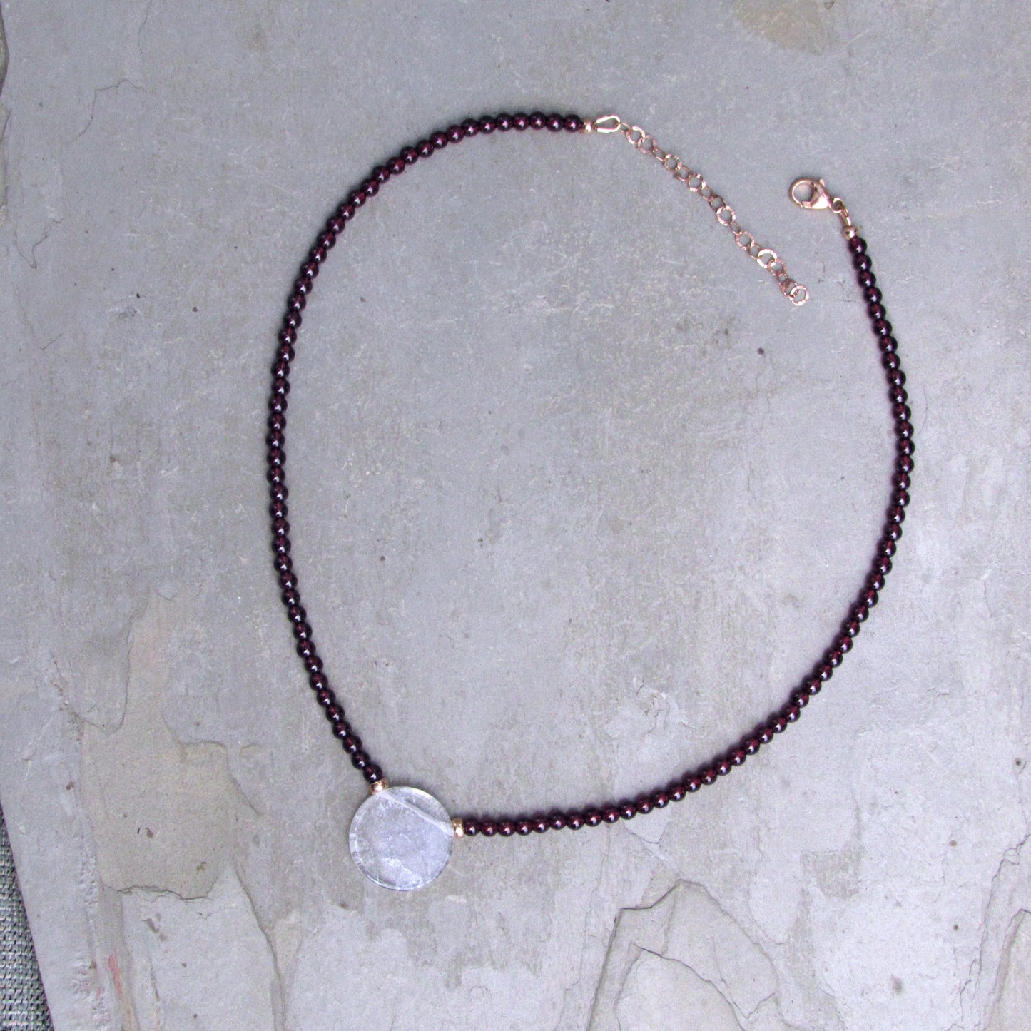 Garnet gemstone Clear Quartz pendant with 14 kt Rose gf Necklace