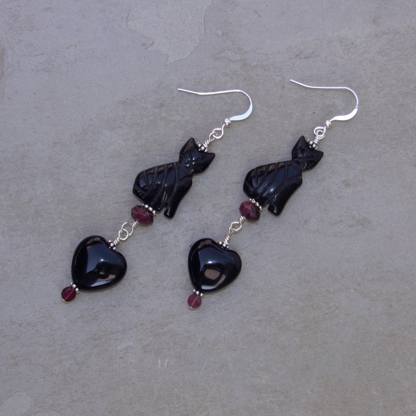 Onyx gemstone Cats and Hearts, Garnets & Sterling Silver Earrings