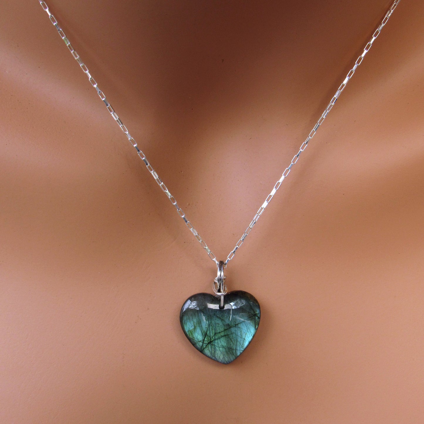 Labradorite Heart Hand Wrapped with Sterling Silver on Sterling Silver Chain