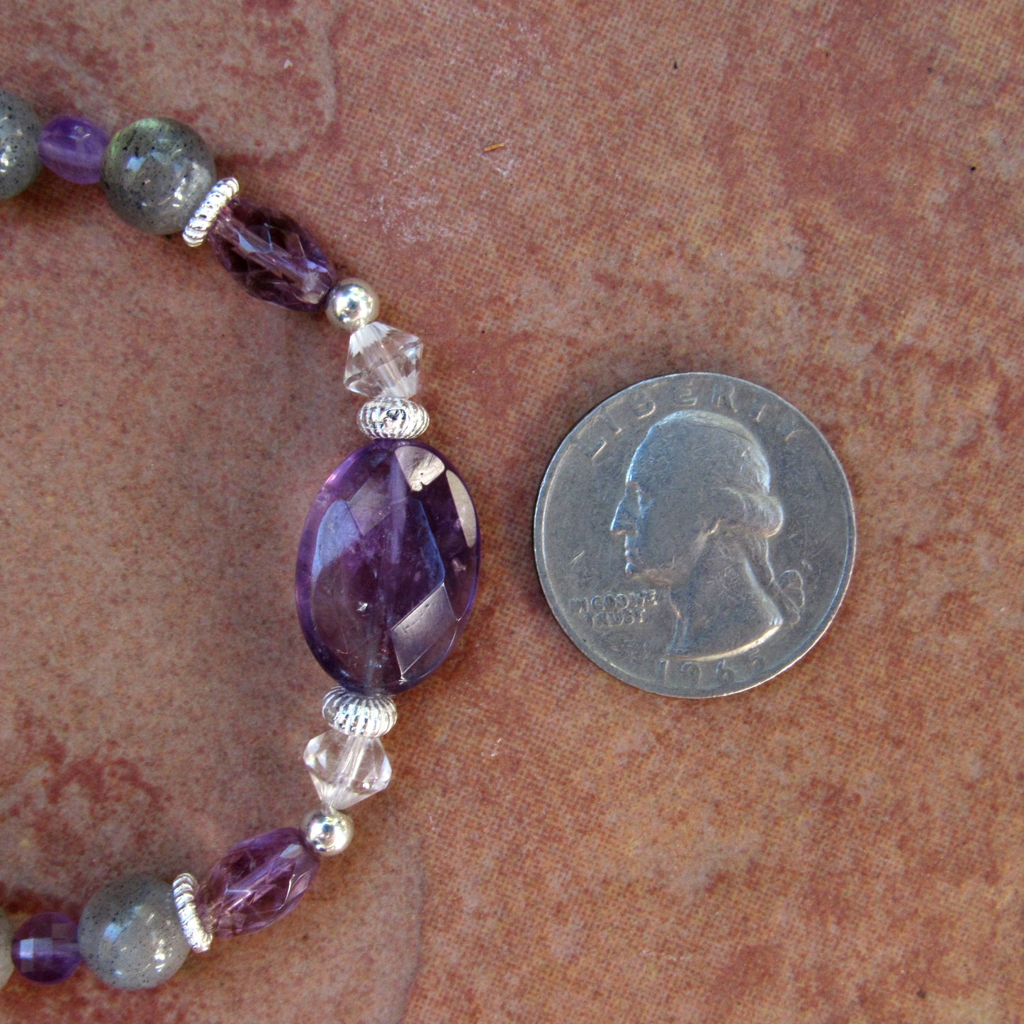 Amethyst Gemstones and Labradorite Heart, Clear Quartz, Stretch Bracelet w/ Sterling Silver