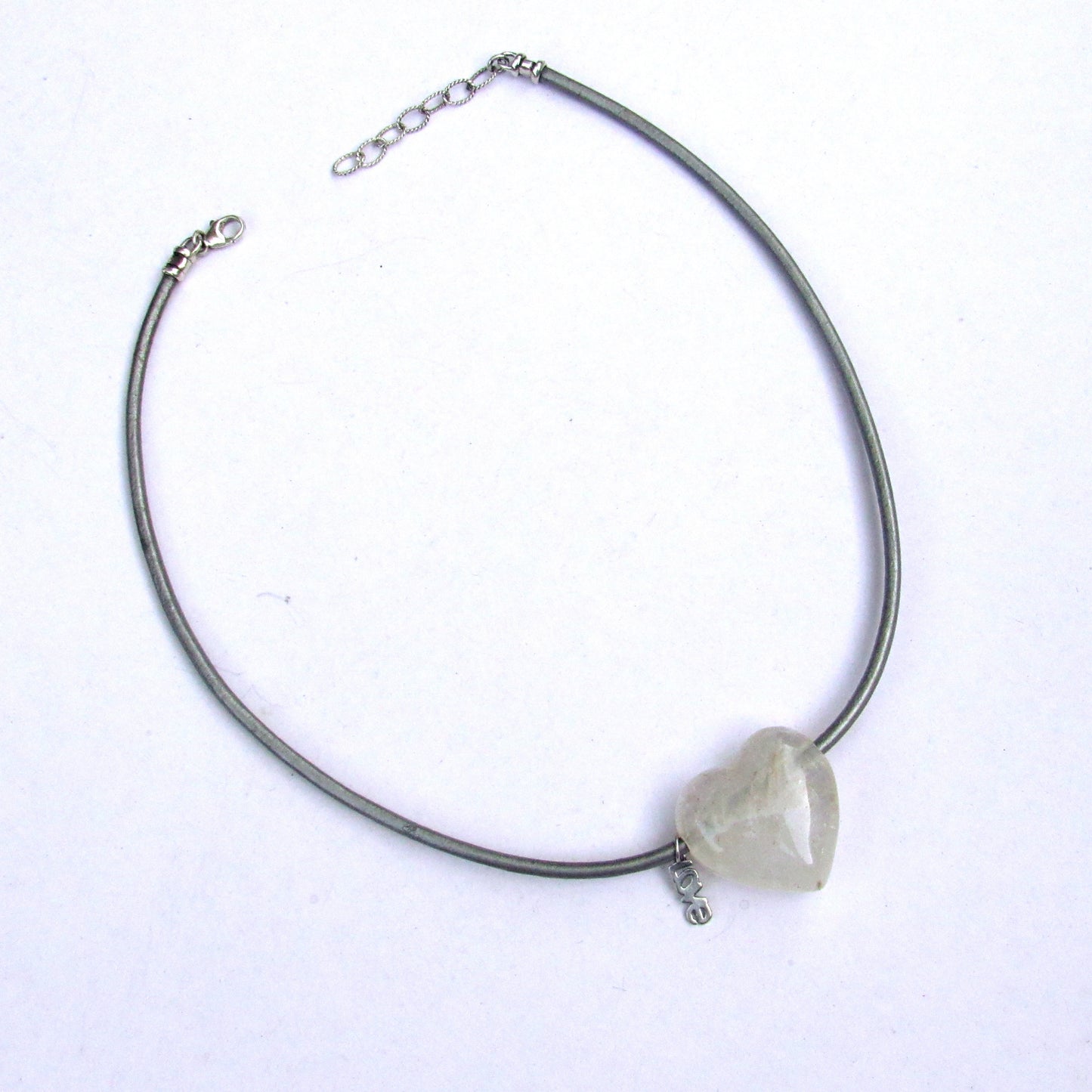 Clear Quartz gemstone with Sterling Silver Love on Metallic Leather Necklace