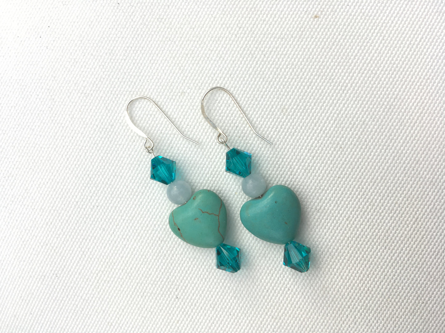 Howlite Gemstone heart & Swarovski crystal sterling silver drop earrings