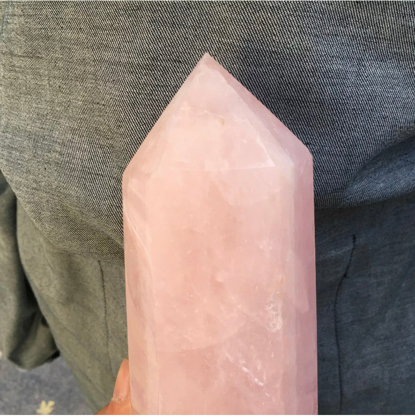 Natural pink rose quartz gemstone crystal tower point obelisk