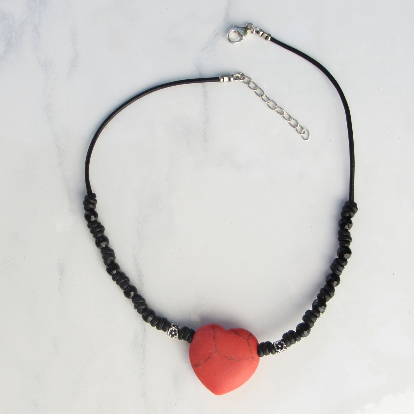 Red Gemstone Heart Choker Leather Necklace
