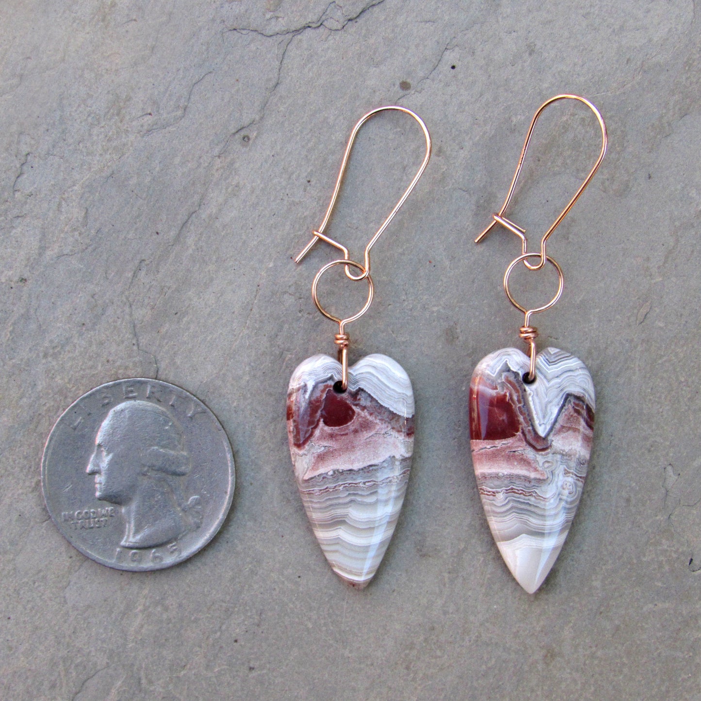 Mexican Crazy Lace Gemstone Heart Drop Earrings on Hand Wrapped 14 Kt GF